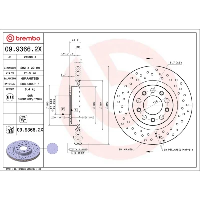 Kuva BREMBO Jarrulevy ALFA ROMEO: 159 Sedan, Sportwagon 292mm 22mm 5 rei&#039;itetty/tuuletettu sisältä pinnoitettu 09.9366.2X Jarrulevyt