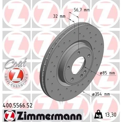 Kuva ZIMMERMANN Jarrulevy 32mm 6/5 5 aukko 130mm tuuletettu sisältä, reijitetty pinnoitettu 400.5566.52 4634210000,463421000007,4634211200,463421120007
