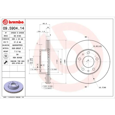 Kuva BREMBO 09.5904.14 Jarrulevyt 280 24 5 tuuletettu sisältä Ruuveilla FIAT: Ducato II Flatbed Kuorma auto/Alusta, III Bussi, Bussi
