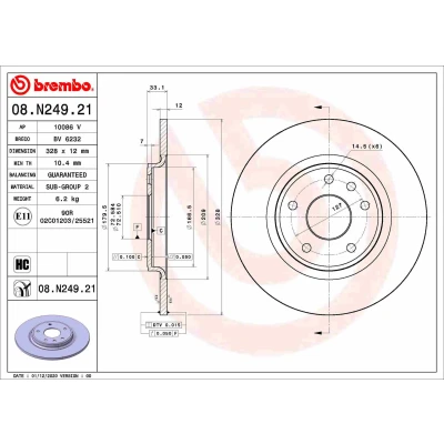 Kuva BREMBO 08.N249.21 Jarrulevyt 328 12 6 täysi pinnoitettu hiiliteräs DODGE: Journey MPV, CHRYSLER: GRAND 5OYAGER 5, FIAT: Freemont
