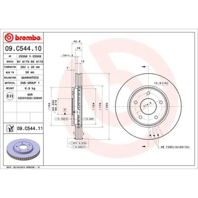 Kuva BREMBO COATED DISC LINE 09.C544.11 Jarrulevyt 283 28 5 tuuletettu sisältä pinnoitettu NISSAN: Leaf I, II, NV200 / Evalia Bussi