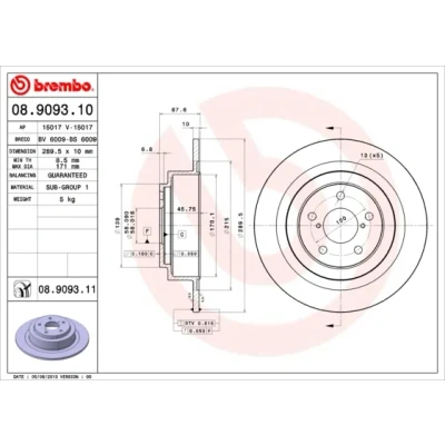 Kuva BREMBO COATED DISC LINE 08.9093.11 Jarrulevyt 290 10 5 täysi pinnoitettu SUBARU: Legacy 3, Outback II
