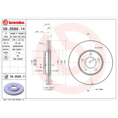 Kuva BREMBO COATED DISC LINE 09.9589.11 Jarrulevyt 278 24 5 tuuletettu sisältä pinnoitettu FORD: Transit Connect Mk1 Van, Tourneo