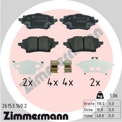 Kuva ZIMMERMANN 26153.160.2 Jarrupalat akustisella kulumavaroittimella Valokuva vastaa toimituslaajuutta, liukulevyllä TOYOTA: Corolla XII Farmari, C HR