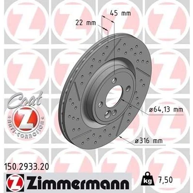 Kuva ZIMMERMANN COAT Z 150.2933.20 Jarrulevyt 316 22 5/4 5 100 tuuletettu sisältä, uritettu/rei&#039;itetty pinnoitettu hiiliteräs MINI: Hatchback, Clubman
