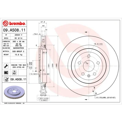 Kuva BREMBO COATED DISC LINE 09.A508.11 Jarrulevyt 365 28 5 tuuletettu sisältä pinnoitettu hiiliteräs Ruuveilla