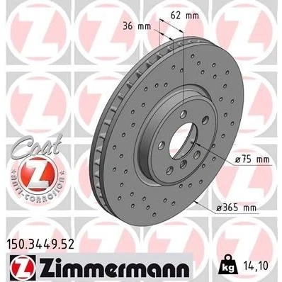 Kuva ZIMMERMANN SPORT COAT Z 150.3449.52 Jarrulevyt 365 36 6/5 5 120 tuuletettu sisältä, reijitetty pinnoitettu hiiliteräs BMW: X5, X6