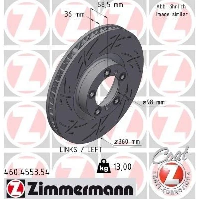 Kuva ZIMMERMANN Jarrulevy 360mm 36mm 7/5 5 aukko 130mm tuuletettu sisältä, lovella pinnoitettu hiiliteräs 460.4553.54 9J1615301A,9Y0615301A Jarrulevyt