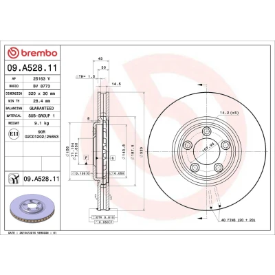 Kuva BREMBO COATED DISC LINE 09.A528.11 Jarrulevyt 320 30 5 tuuletettu sisältä pinnoitettu JAGUAR: S Type, XJ Sedan