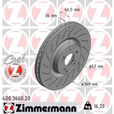 Kuva ZIMMERMANN COAT Z 400.3660.20 Jarrulevyt 360 36 6/5 5 112 tuuletettu sisältä, reijitetty pinnoitettu MERCEDES BENZ: E sarja T modell, C modell