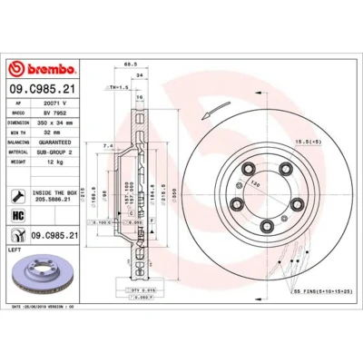 Kuva BREMBO 09.C985.21 Jarrulevyt 350 34 5 tuuletettu sisältä pinnoitettu hiiliteräs Ruuveilla PORSCHE: Panamera Sport Turismo