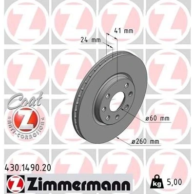 Kuva ZIMMERMANN COAT Z 430.1490.20 Jarrulevyt 260 24 7/4 4 100 tuuletettu sisältä pinnoitettu OPEL: Corsa C Hatchback, Meriva A, Combo Van / Farmari