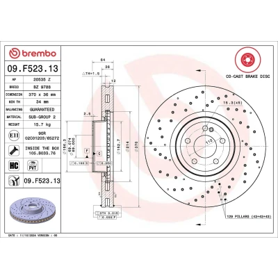 Kuva BREMBO Jarrulevy MERCEDES BENZ: C sarja Sedan Prime 370mm 36mm 5 rei&#039;itetty/tuuletettu sisältä, kaksiosainen jarrulevy, Teräksinen jarrulevykammio