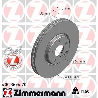 Kuva ZIMMERMANN COAT Z 400.3674.20 Jarrulevyt 330 32 6/5 5 112 tuuletettu sisältä pinnoitettu hiiliteräs MERCEDES BENZ: E sarja Sedan, T modell