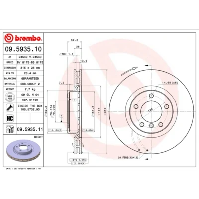 Kuva BREMBO COATED DISC LINE 09.5935.11 Jarrulevyt 315 28 5 tuuletettu sisältä pinnoitettu Ruuveilla BMW: 3 Cabriolet, Sedan, Coupe