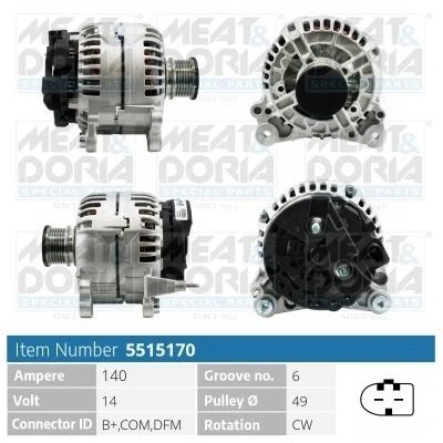 Kuva MEAT &amp; DORIA 5515170 Laturi 14V 140A VOLKSWAGEN: Transporter 5, Crafter 30 35 Bussi, 50 Van, AUDI: A4 B8 Avant, Allroad, Sedan