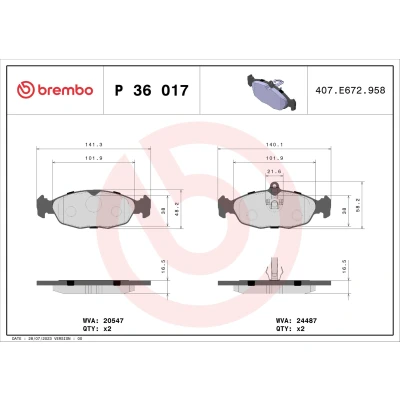 Kuva BREMBO P 36 017 Jarrupalat Kulumisenilmaisemelle Männän lukoilla Ilman tarvikkeita JAGUAR: XK 8 Coupe, XJ Sedan, Cabriolet