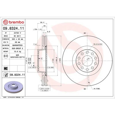 Kuva BREMBO COATED DISC LINE 09.8324.11 Jarrulevyt 323 30 5 tuuletettu sisältä pinnoitettu hiiliteräs AUDI: A8 D2, A6 C4 Avant, Sedan