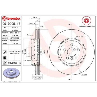 Kuva BREMBO 09.D905.13 Jarrulevyt 348 30 5 tuuletettu sisältä, kaksiosainen jarrulevy pinnoitettu hiiliteräs Ruuveilla BMW: Sedan, Touring, X3