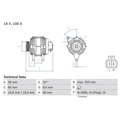 Kuva BOSCH 0 986 043 981 Laturi 14V 100A OPEL: Astra G CC, Sedan, Combo C Tour, HONDA: CIVIC 7 Hatchback