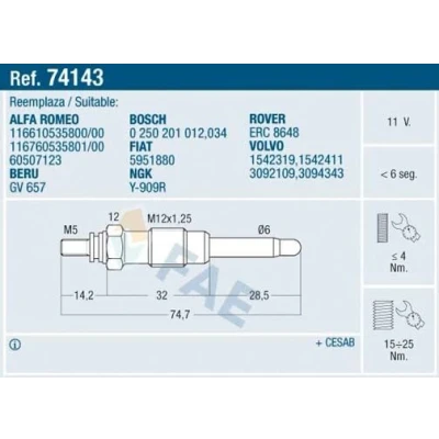 Kuva FAE 74143 Hehkutulppa 11V M12x125 LAND ROVER: Range Rover 1