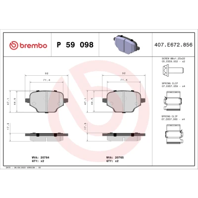 Kuva BREMBO P 59 098 Jarrupalat Ilman kulumisenilmaisinta Jarrusatulan ruuveilla Tarvikkeilla OPEL: Combo E Van / Farmari, CITROËN: Berlingo