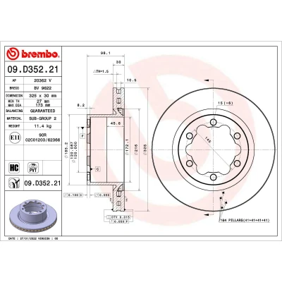 Kuva BREMBO 09.D352.21 Jarrulevyt 325 30 6 tuuletettu sisältä pinnoitettu hiiliteräs VOLKSWAGEN: Crafter Bussi, Van