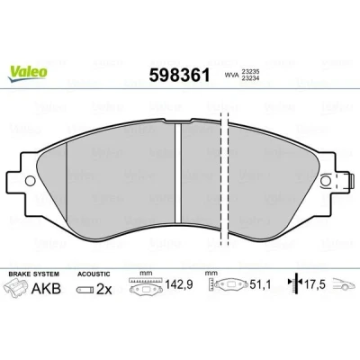 Kuva VALEO 598361 Jarrupalat Etuakseli Sis. kulumisenilmaisimen ilman huudonvaimennuspeltiä CHEVROLET: Epica KL1, Evanda Sedan, Nubira Farmari