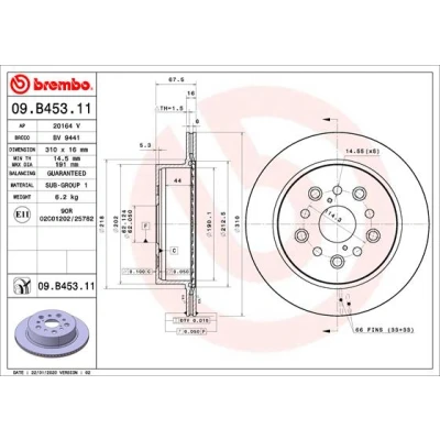 Kuva BREMBO 09.B453.11 Jarrulevyt 310 16 5 tuuletettu sisältä pinnoitettu LEXUS: LS III, II