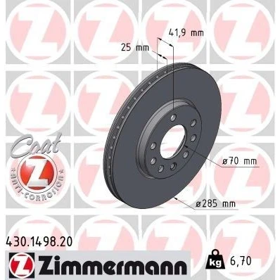 Kuva ZIMMERMANN COAT Z 430.1498.20 Jarrulevyt 285 25 8/5 5 110 tuuletettu sisältä pinnoitettu hiiliteräs SAAB: 9 3 Farmari, Sedan, OPEL: Vectra C CC
