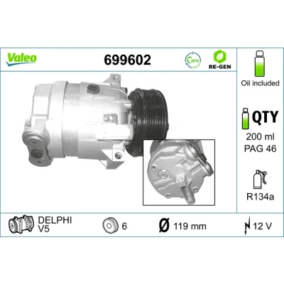 Kuva VALEO 699602 Ilmastoinnin Kompressori V5 12V PAG 46 R134a kompressoriöljyllä REMANUFACTURED OPEL: Astra G Caravan, Vectra B CC, Sedan