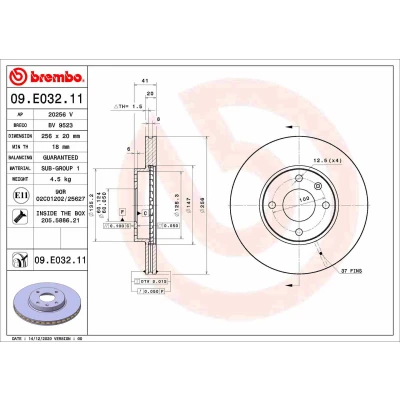 Kuva BREMBO 09.E032.11 Jarrulevyt 256 20 4 tuuletettu sisältä pinnoitettu Ruuveilla OPEL: Karl