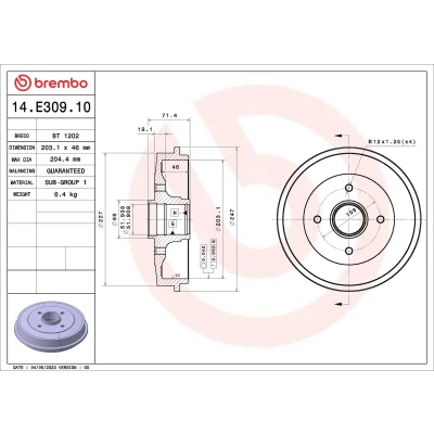 Kuva BREMBO 14.E309.10 Jarrurumpu 203,1mm PEUGEOT: 206 Hatchback, CITROËN: Saxo Hatchback