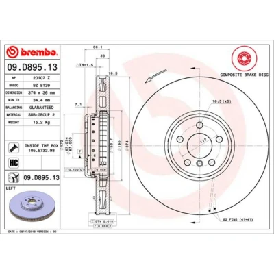 Kuva BREMBO 09.D895.13 Jarrulevyt 374 36 5 tuuletettu sisältä, kaksiosainen jarrulevy pinnoitettu hiiliteräs Ruuveilla BMW: Touring, Sedan, 7