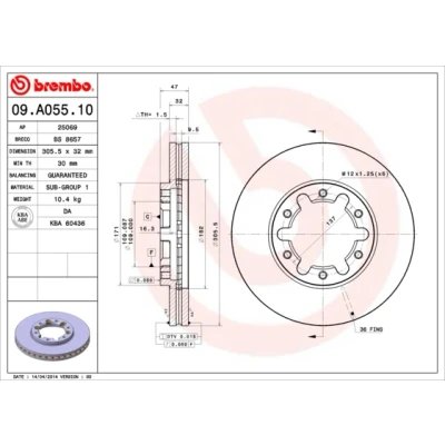 Kuva BREMBO 09.A055.10 Jarrulevyt 306 32 6 tuuletettu sisältä