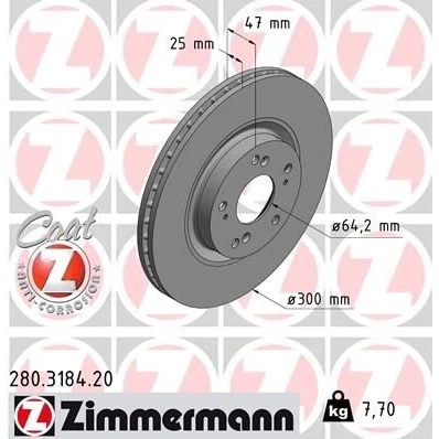 Kuva ZIMMERMANN COAT Z 280.3184.20 Jarrulevyt 300 25 9/5 5 114 tuuletettu sisältä pinnoitettu HONDA: CIVIC 8 Hatchback, 8, CR V 2