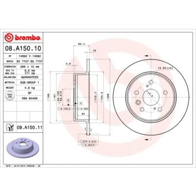 Kuva BREMBO COATED DISC LINE 08.A150.11 Jarrulevyt 288 10 5 täysi pinnoitettu LEXUS: RX I