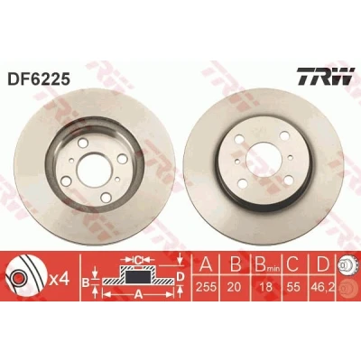 Kuva TRW DF6225 Jarrulevyt 255 20 4 100 Tuuletettu Lakattu TOYOTA: Yaris III Hatchback, iQ