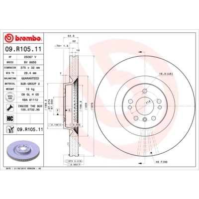 Kuva BREMBO COATED DISC LINE 09.R105.11 Jarrulevyt 375 32 5 tuuletettu sisältä pinnoitettu hiiliteräs Ruuveilla MERCEDES BENZ: GL, ML sarja, R sarja