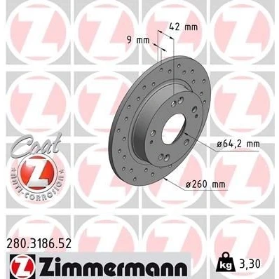 Kuva ZIMMERMANN SPORT COAT Z 280.3186.52 Jarrulevyt 260 9 9/5 5 114 täysi, reijitetty pinnoitettu HONDA: CIVIC 8 Hatchback,