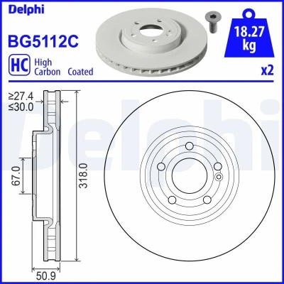 Kuva DELPHI Jarrulevy MERCEDES BENZ: A sarja, CLA Shooting Brake, sarja Sedan 318mm 30mm 5 Tuuletettu pinnoitettu hiiliteräs BG5112C A2474210712