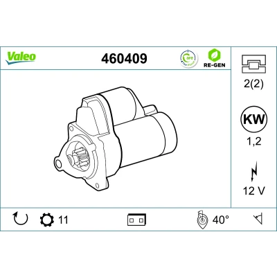 Kuva VALEO 460409 Starttimoottori 12 1,2 11 L 40 HYUNDAI: Sonata V, ix35, H 1 / Starex MPV, KIA: Sportage III