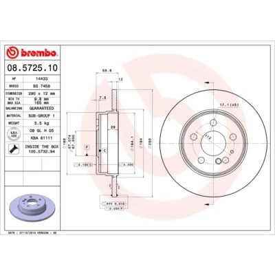 Kuva BREMBO 08.5725.10 Jarrulevyt 290 12 5 täysi Ruuveilla MERCEDES BENZ: S sarja Sedan
