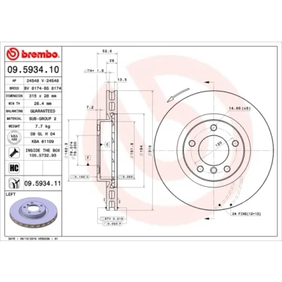Kuva BREMBO COATED DISC LINE 09.5934.11 Jarrulevyt 315 28 5 tuuletettu sisältä pinnoitettu Ruuveilla BMW: 3 Cabriolet, Sedan, Coupe