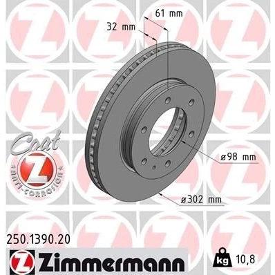 Kuva ZIMMERMANN COAT Z 250.1390.20 Jarrulevyt 302 32 7/6 6 140 tuuletettu sisältä pinnoitettu FORD: Ranger Mk3, MAZDA: BT 50 Pick up