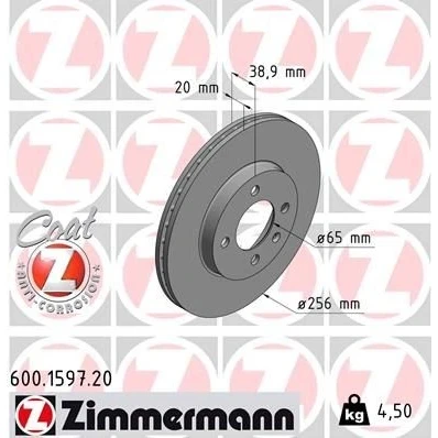Kuva ZIMMERMANN COAT Z 600.1597.20 Jarrulevyt 256 20 5/4 4 100 tuuletettu sisältä pinnoitettu VOLKSWAGEN: GOLF 3, 2, Passat B3/B4 Sedan