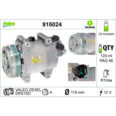 Kuva VALEO 815024 Ilmastoinnin Kompressori DKS15D 12 PAG 46 R 134a kompressoriöljyllä
