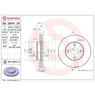 Kuva BREMBO COATED DISC LINE 09.5844.21 Jarrulevyt 255 25 4 tuuletettu sisältä pinnoitettu TOYOTA: Corolla IX Hatchback, Station Wagon