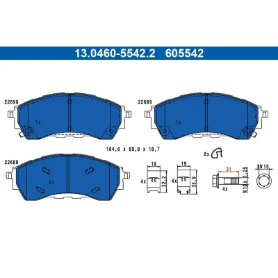 Kuva ATE 13.0460 5542.2 Jarrupalat akustisella kulumavaroittimella Jarrusatulan ruuveilla Tarvikkeilla FORD: Ranger Mk3