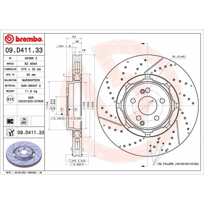 Kuva BREMBO 09.D411.33 Jarrulevyt 370 32 5 uritettu/rei&#039;itetty, kaksiosainen jarrulevy, tuuletettu sisältä pinnoitettu hiiliteräs